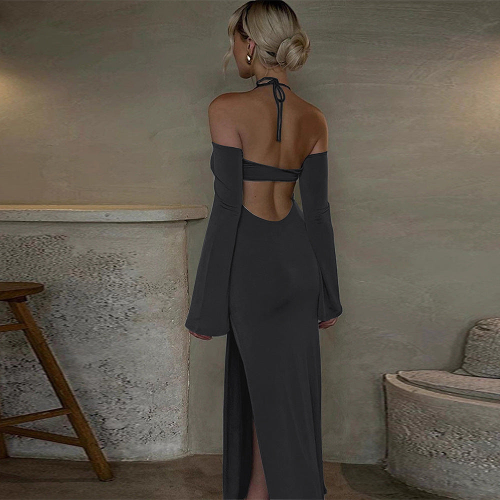 Robe de soirée longue pour femmes avec col halter et manches cloche sans épaules, cintrée à la taille avec un fente haute sur le côté
