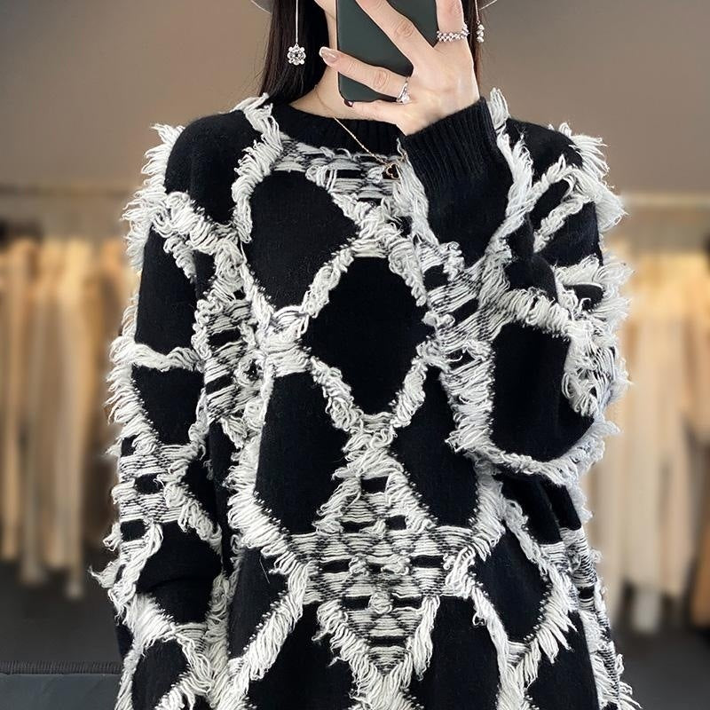 Pull oversized pour femmes avec col rond et franges