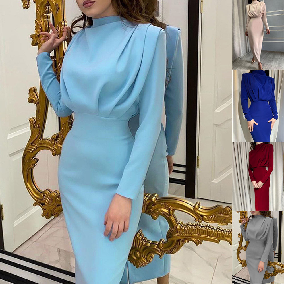 Robe midi élégante pour femmes avec devant drapé en cascade, silhouette crayon cintrée et manches longues Echo Archiv