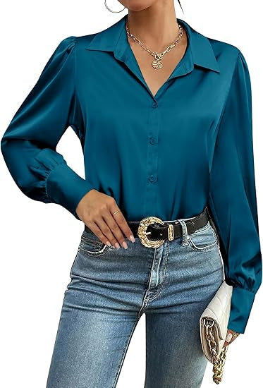 Blouse en satin pour femmes avec col chemise, patte de boutonnage cachée et manches longues