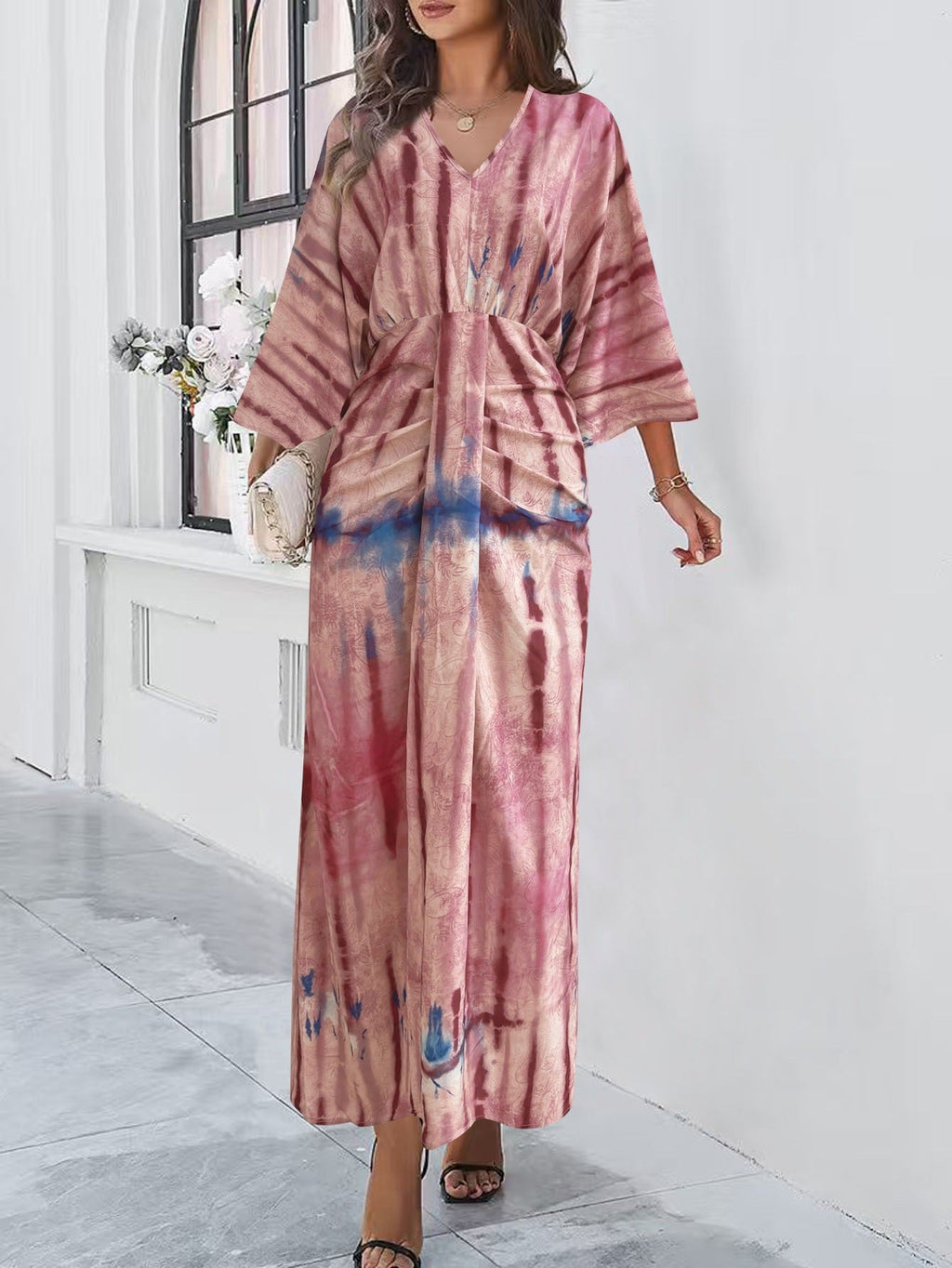 Robe maxi fluide pour femmes avec décolleté en V, effet enveloppant et ceinture décorative Echoarchiv