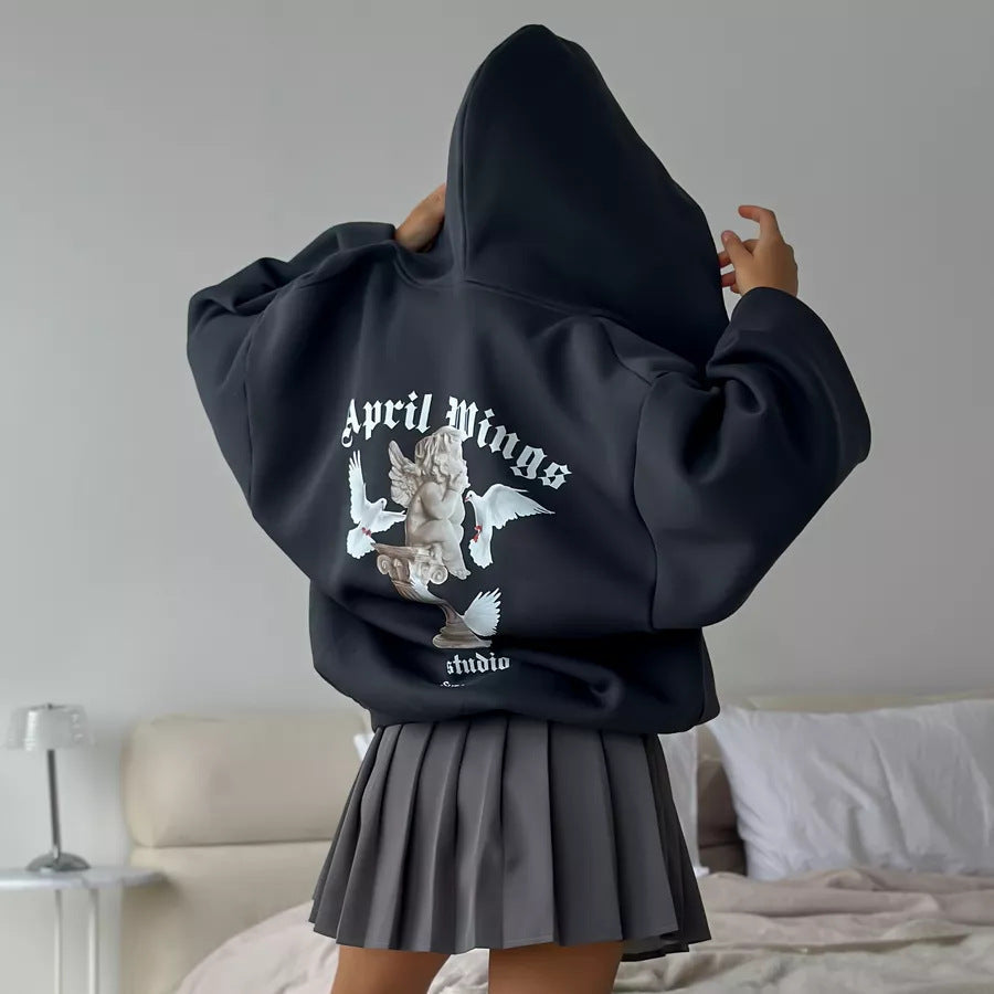 Sweat à capuche oversized pour femmes avec impression d'ange et impression artistique au dos