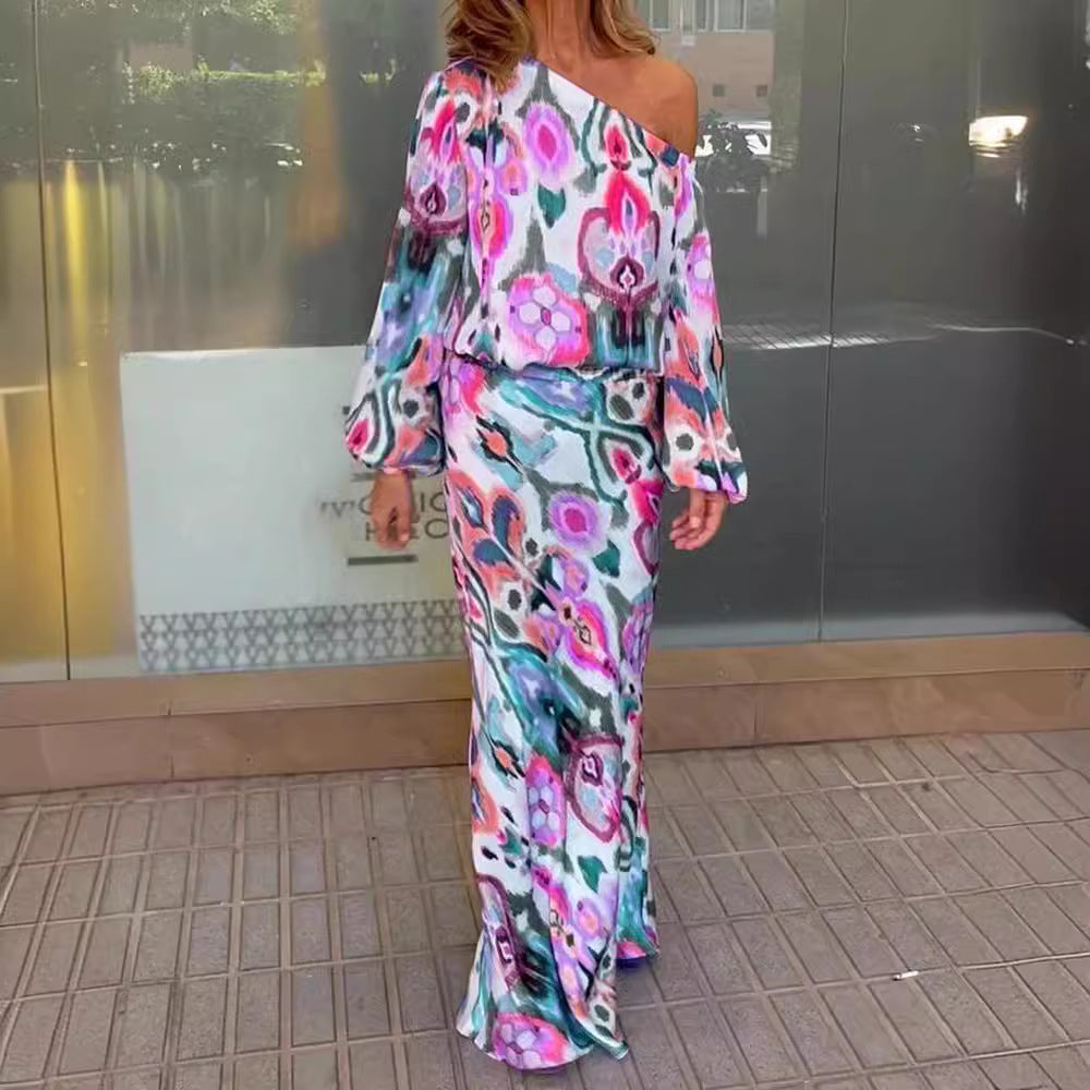 Robe maxi femme à épaule asymétrique, en satin fluide et manches cloche