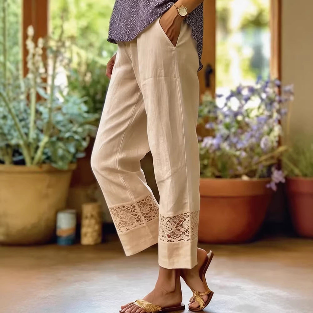 Pantalon léger en lin pour femmes avec accents en dentelle R&B