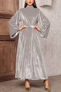 Robe maxi en velours pour femmes avec col montant, manches évasées et ceinture à la taille
