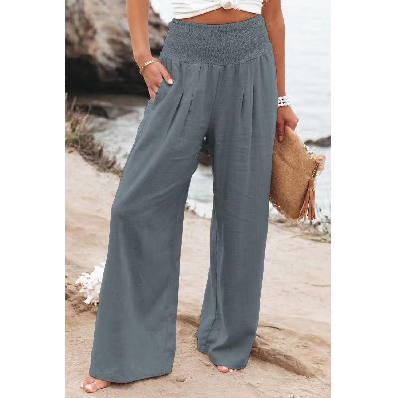 Pantalons larges smockés taille haute en mélange de lin pour femmes Echoarchiv