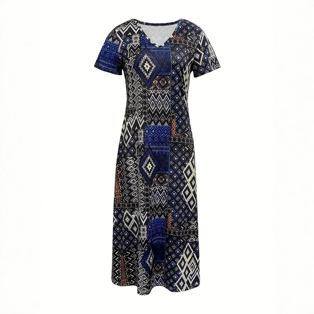 Robe maxi femme avec motif géométrique et décolleté en V R&B