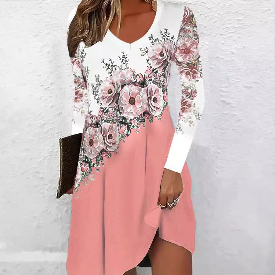 Robe courte à décolleté en V pour femmes avec bordure imprimée florale et manches longues Echoarchiv