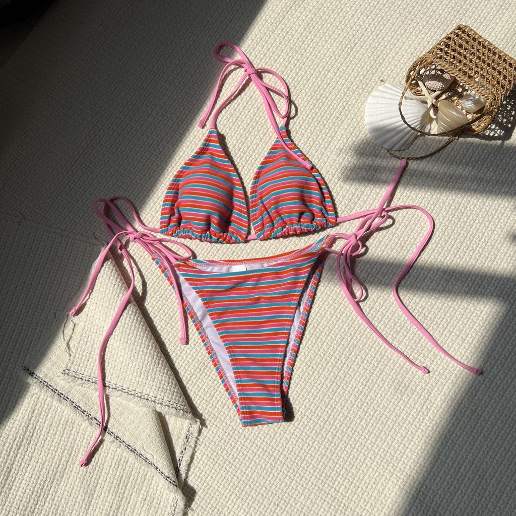 Bikini triangle pour femmes avec bretelles réglables et motif rayé coloré R&B
