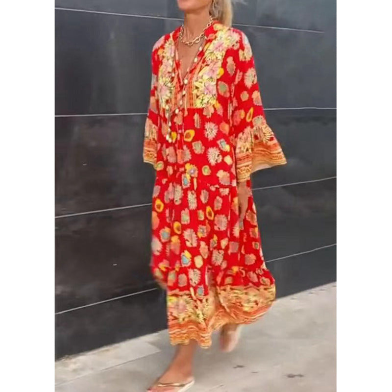 Robe midi kaftan légère pour femmes avec imprimé de bordure inspiré du folklore, décolleté en V, bandes à pompons et manches cloche à volants R&B