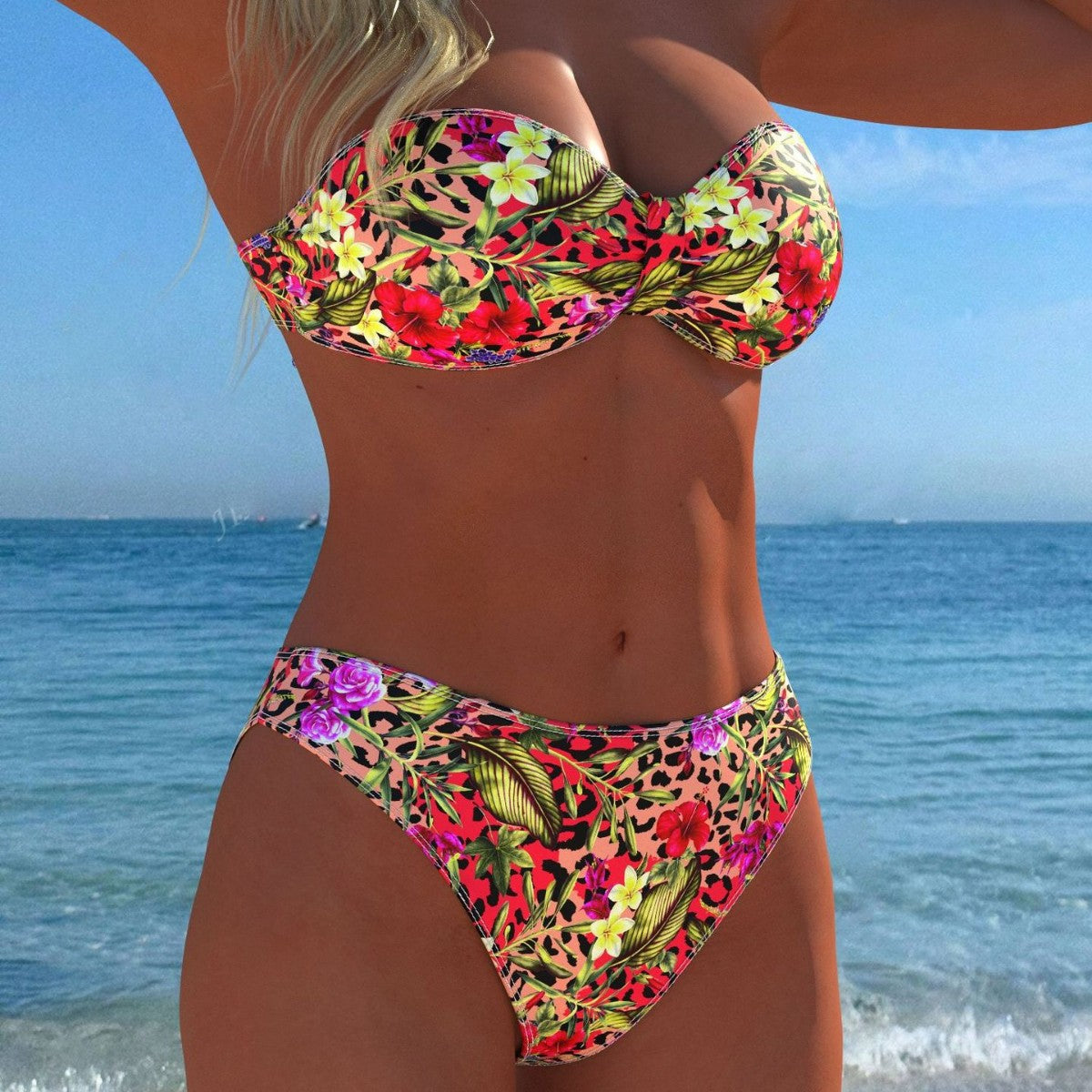 Bikini bandeau pour femmes avec motif floral et taille haute R&B