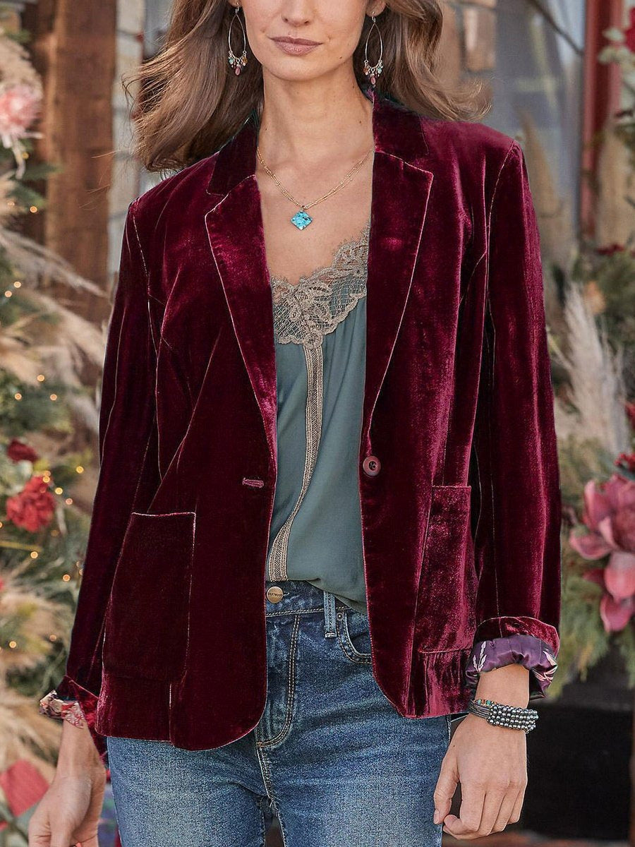 Blazer en velours pour femmes avec revers classique et tombé doux