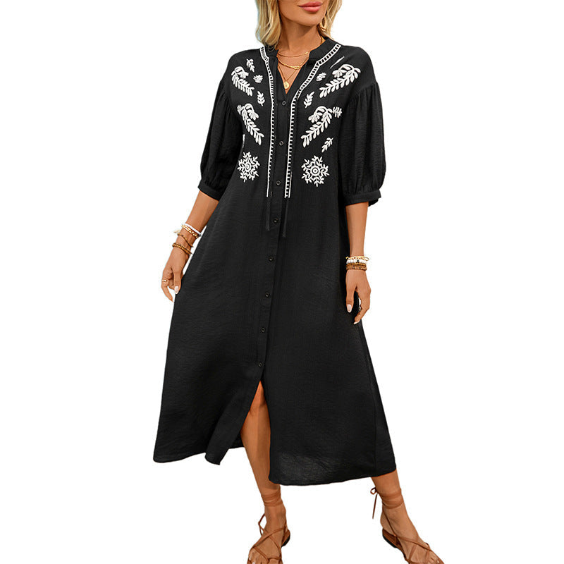 Robe chemise brodée pour femmes en A avec patte de boutonnage et manches ballon 3/4 Echoarchiv