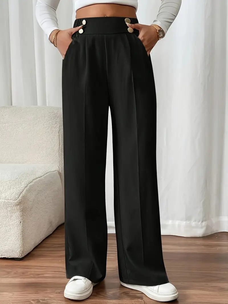Pantalon Palazzo taille haute pour femmes avec boutons de ceinture, plis marqués et poches latérales Echoarchiv
