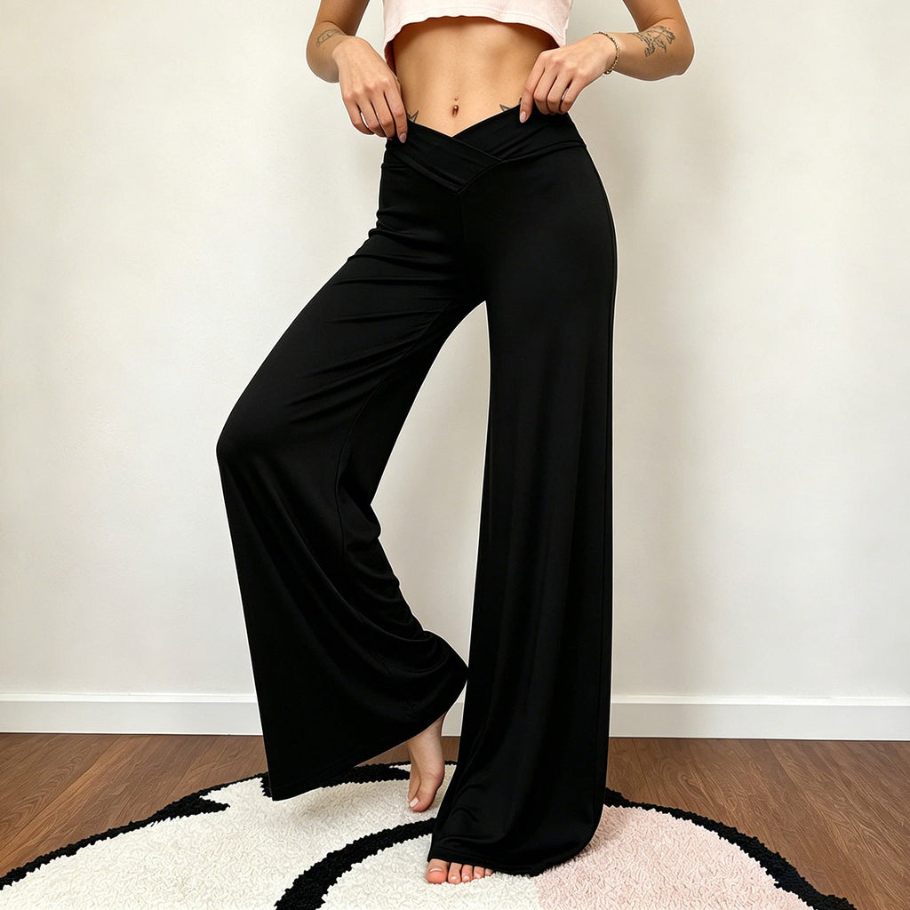 Pantalon Palazzo large pour femmes avec couture de taille en V et jersey stretch élastique Echo Archiv
