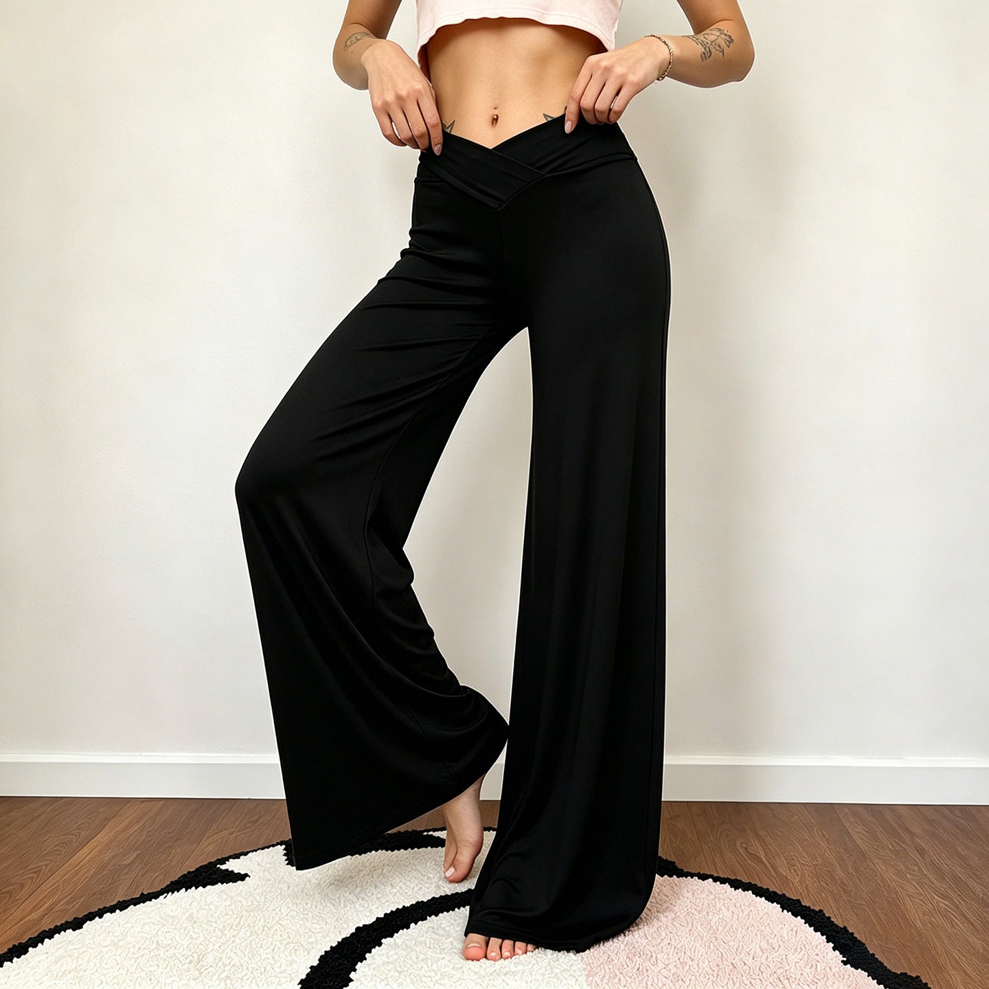 Pantalon Palazzo large pour femmes avec couture de taille en V et jersey stretch élastique Echo Archiv