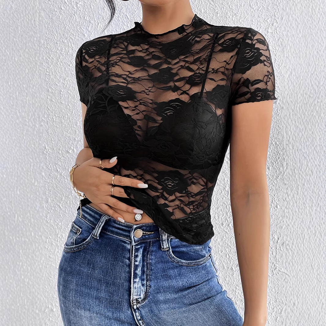 Débardeur en dentelle courte pour femmes avec dentelle ajourée florale, col montant et bustier intégré R&B