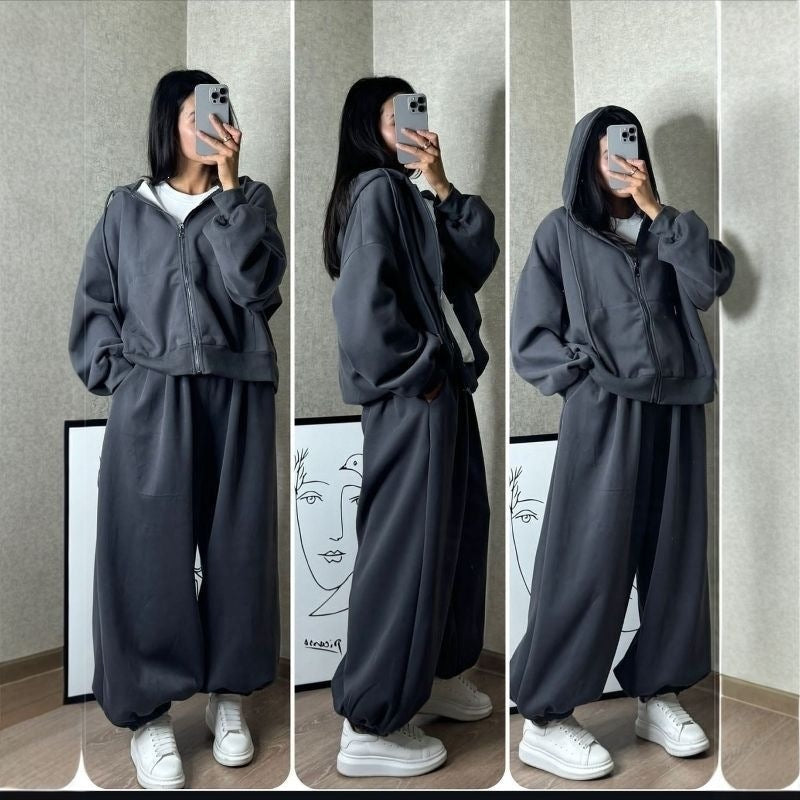 Ensemble de sweat à capuche surdimensionné pour femmes avec fermeture éclair et pantalon de jogging ample Echo Archiv