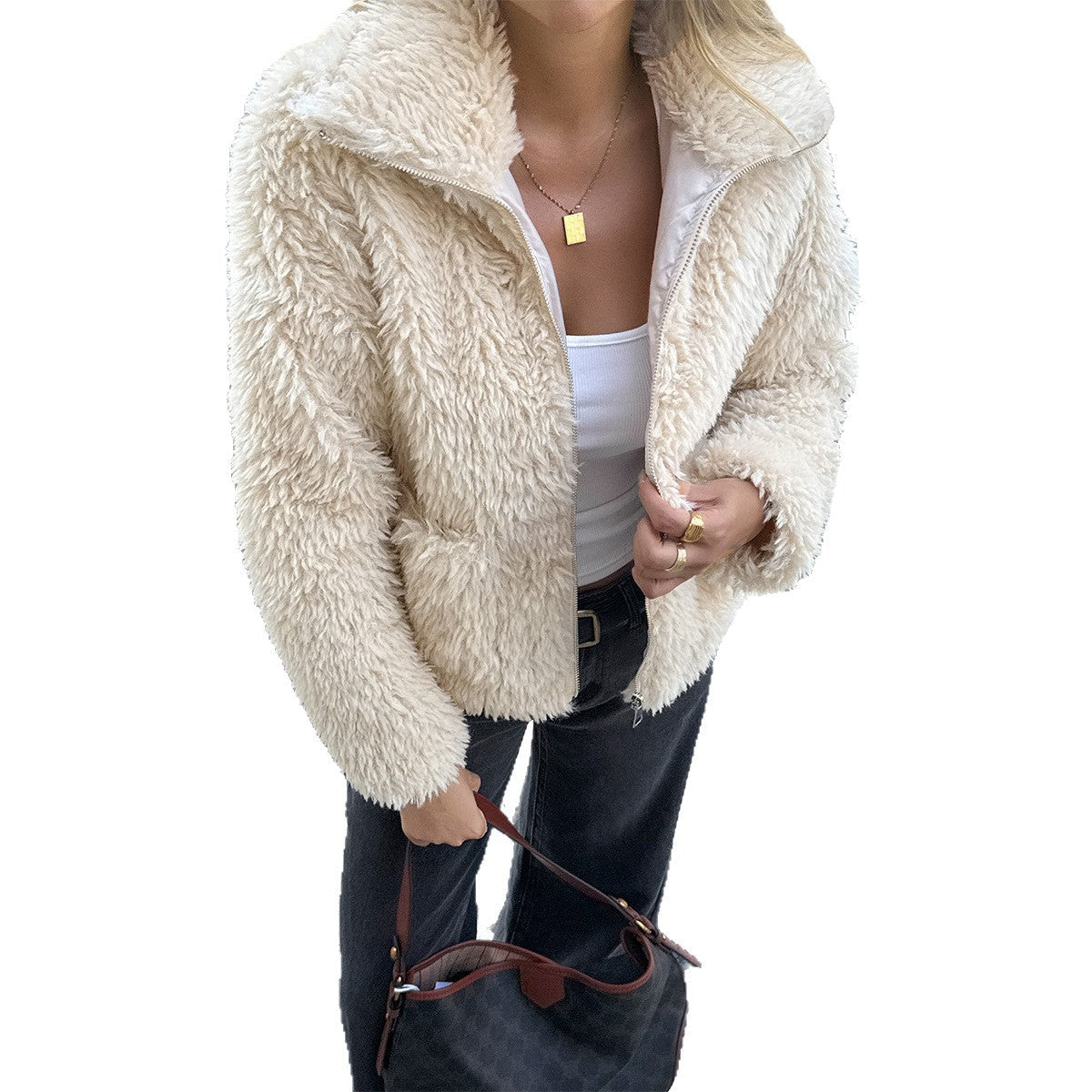 Veste teddy femme avec fermeture éclair, col montant, poches plaquées et coupe courte Echo Archiv