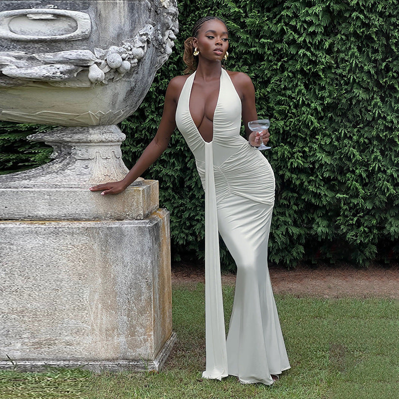 Robe Maxi Élégante pour Femme avec Drapés Raffinés et Décolleté en V Profond Heidi-Mode