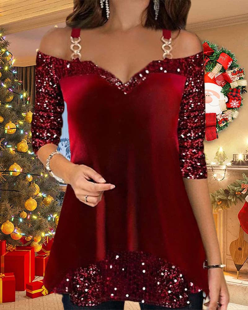Tunique sans manches pour femmes avec décolleté en V, bretelles décoratives et manches en sequins R&B