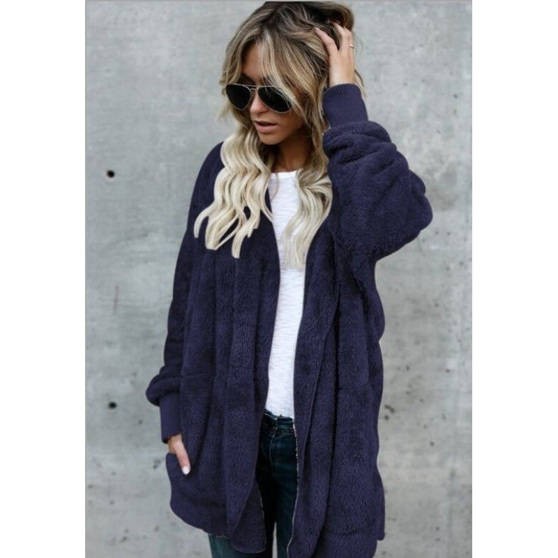 Manteau en Teddy‑Fleece oversize pour femmes avec ouverture frontale, poches latérales et bords côtelés Echo Archive
