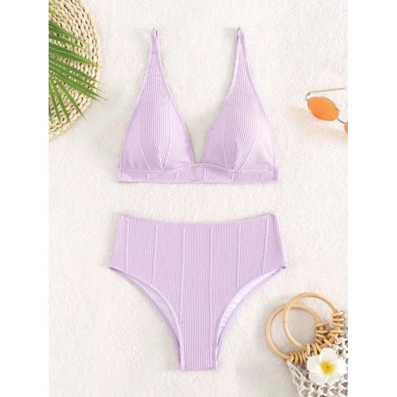 Bikini femme taille haute avec décolleté en V élégant et design côtelé R&B