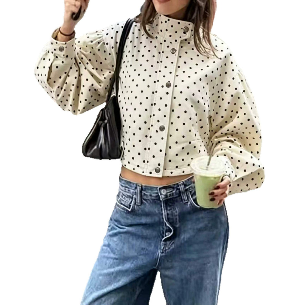 Veste Femme à Pois Croppée avec Col Montant, Manches Bouffantes et Boutons-pression