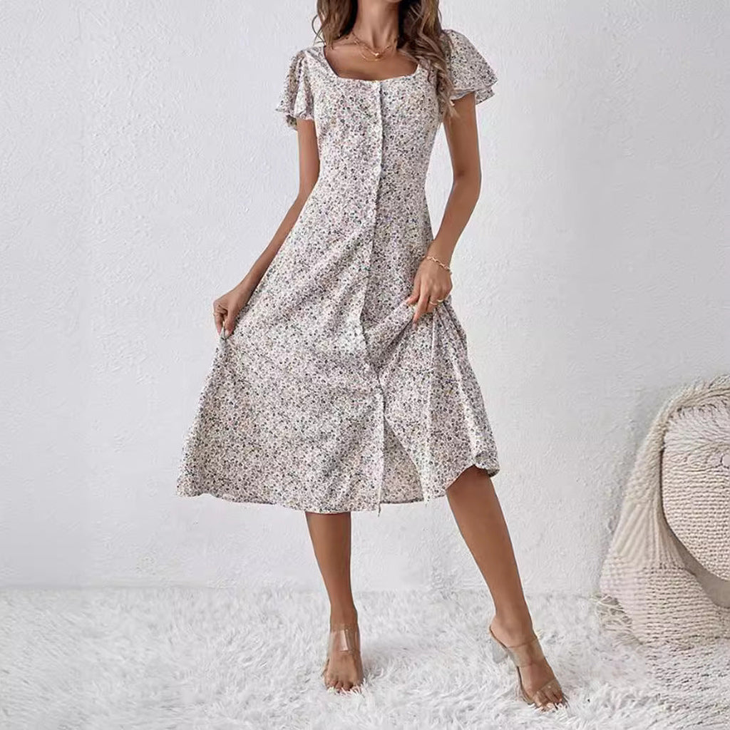 Robe midi cintrée pour femmes avec décolleté carré, patte de boutonnage cachée et jupe fluide en A R&B