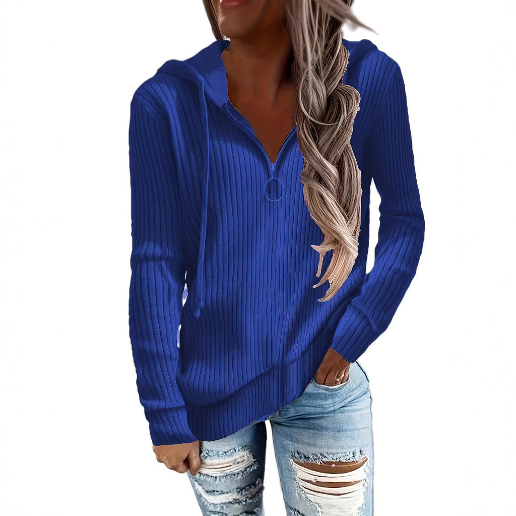 Hoodie à col montant en tricot côtelé pour femmes avec fermeture éclair mi-haute et tirette en anneau Echoarchiv