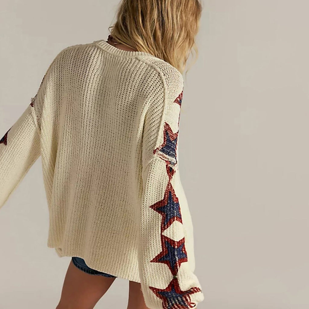 Pull en tricot oversize pour femmes avec décolleté en V et motifs d'étoiles Echoarchiv