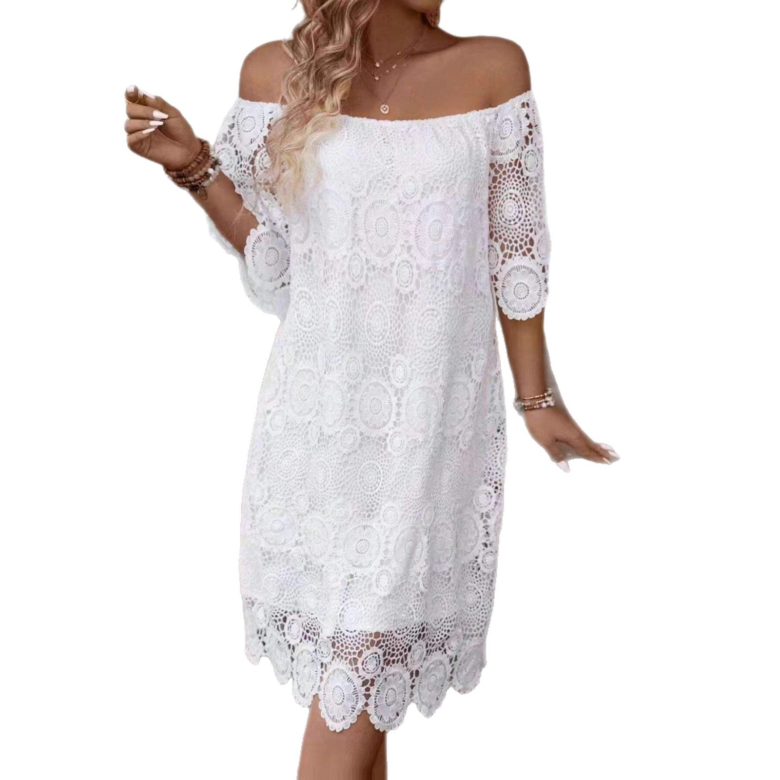 Robe midi en crochet sans épaules pour femmes avec décolleté Carmen et bordure en dentelle florale R&B