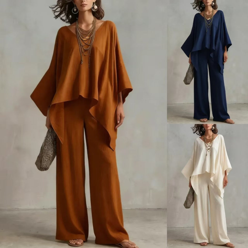 Ensemble féminin à deux pièces avec un haut poncho surdimensionné et un pantalon palazzo large EB