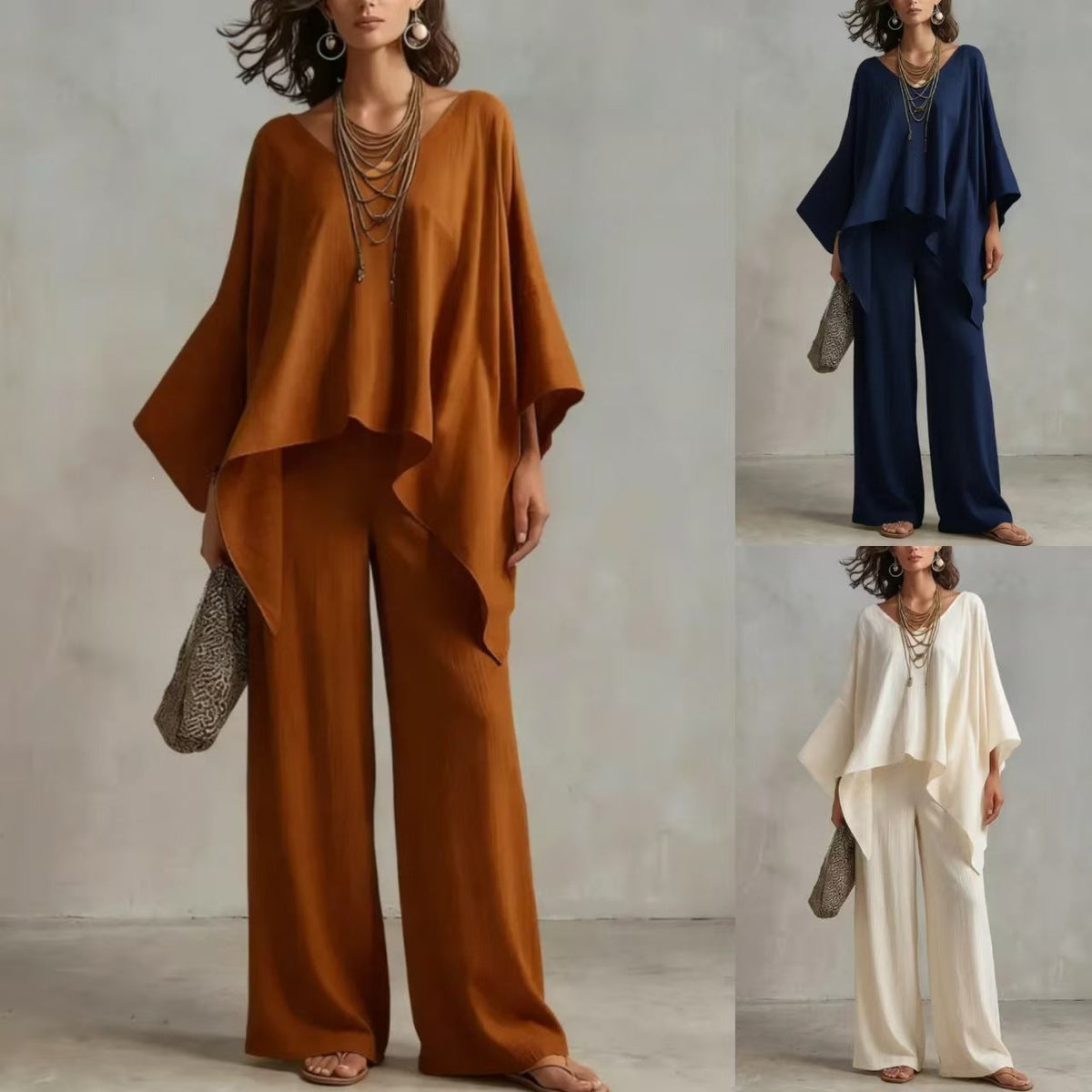 Ensemble féminin à deux pièces avec un haut poncho surdimensionné et un pantalon palazzo large EB