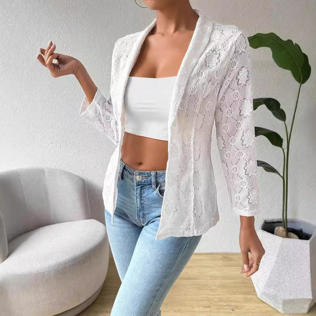 Blazer en dentelle transparente pour femmes avec col châle et manches trois-quarts R&B