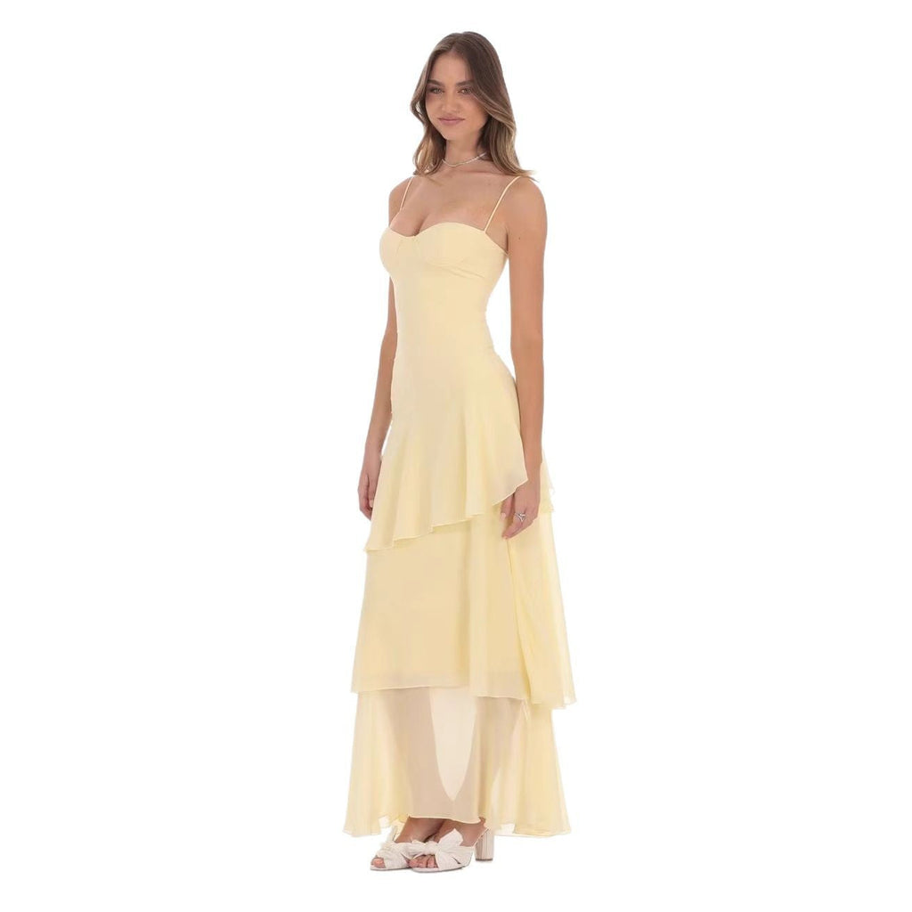 Robe maxi à volants pour femmes avec décolleté en cœur et fines bretelles spaghetti R&B