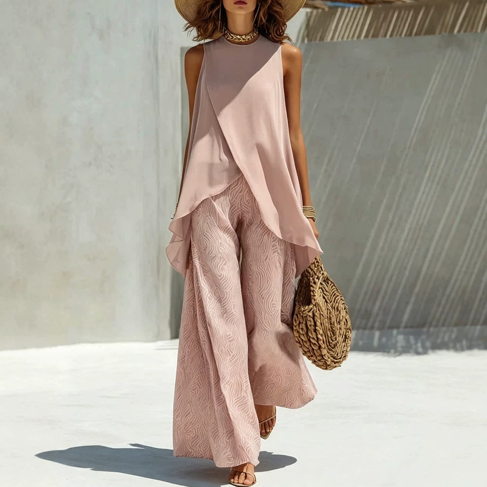 Ensemble élégant et léger pour femmes avec top asymétrique et pantalons larges R&B