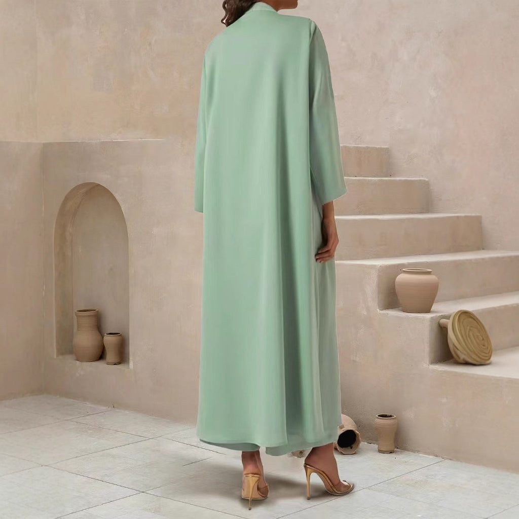 Manteau Maxi Kaftan Fluide pour Femmes avec Devant Ouvert et Col Montant Minimaliste