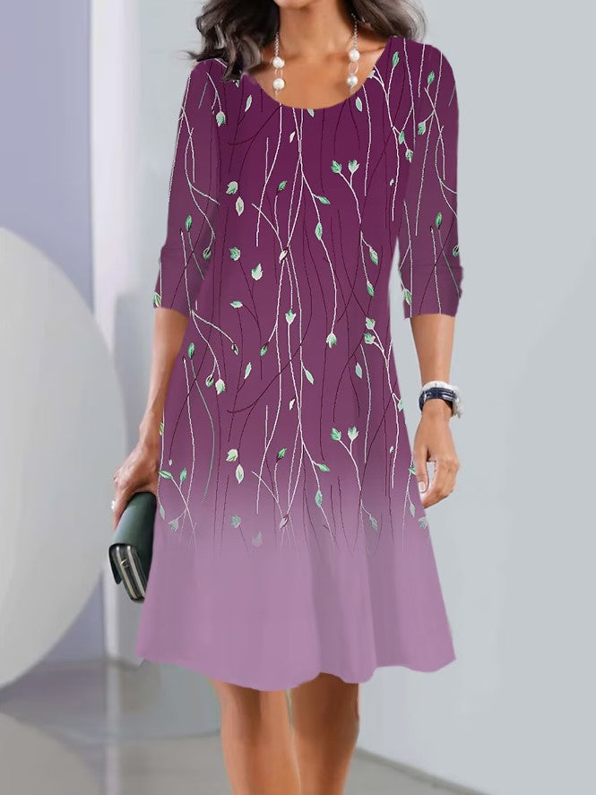 Robe A-ligne pour femmes avec imprimé floral, décolleté en U, manches trois-quarts et doux dégradé Ombre Echoarchiv
