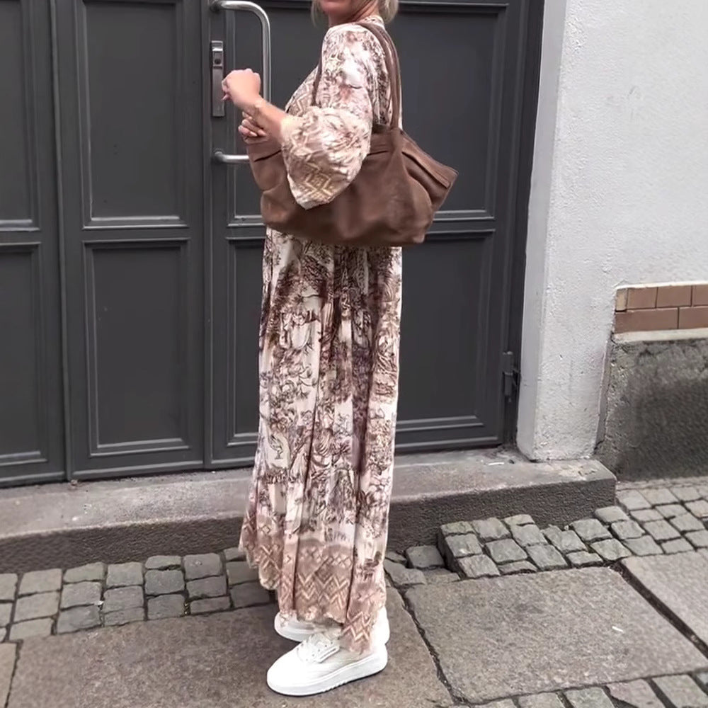 Robe maxi à volants pour femmes avec bordure ethnique, col montant et manches évasées R&B