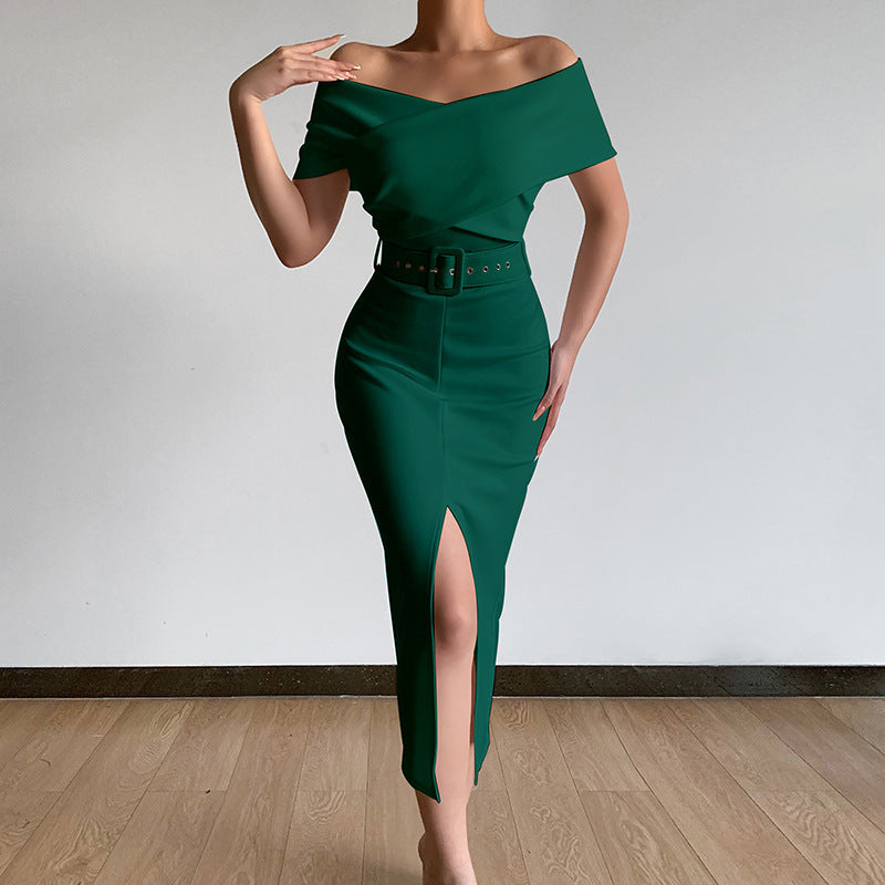 Robe Maxi Off-Shoulder pour Femme avec Ceinture à la Taille et Fente Latérale R&B