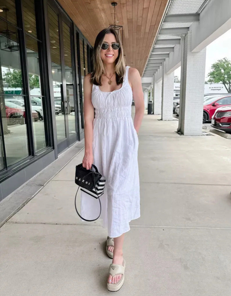 Robe midi en look lin avec bustier froncé, taille élastique et larges bretelles R&B