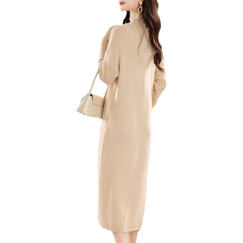 Robe Longue Tricotée pour Femme avec Col Montant et Manches Longues