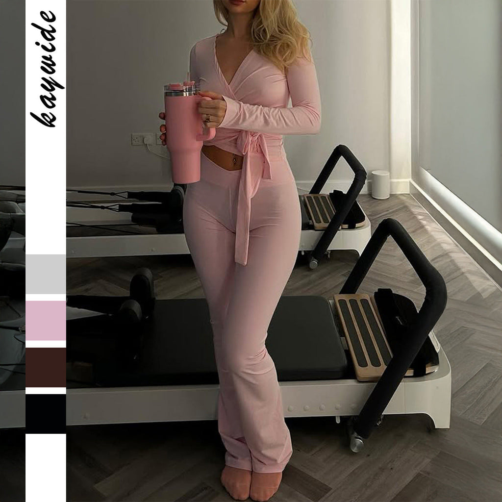 Ensemble de Top Cropped à Enveloppement avec Nœud et Leggings Bootcut Taille Haute pour Femmes Echo Archiv