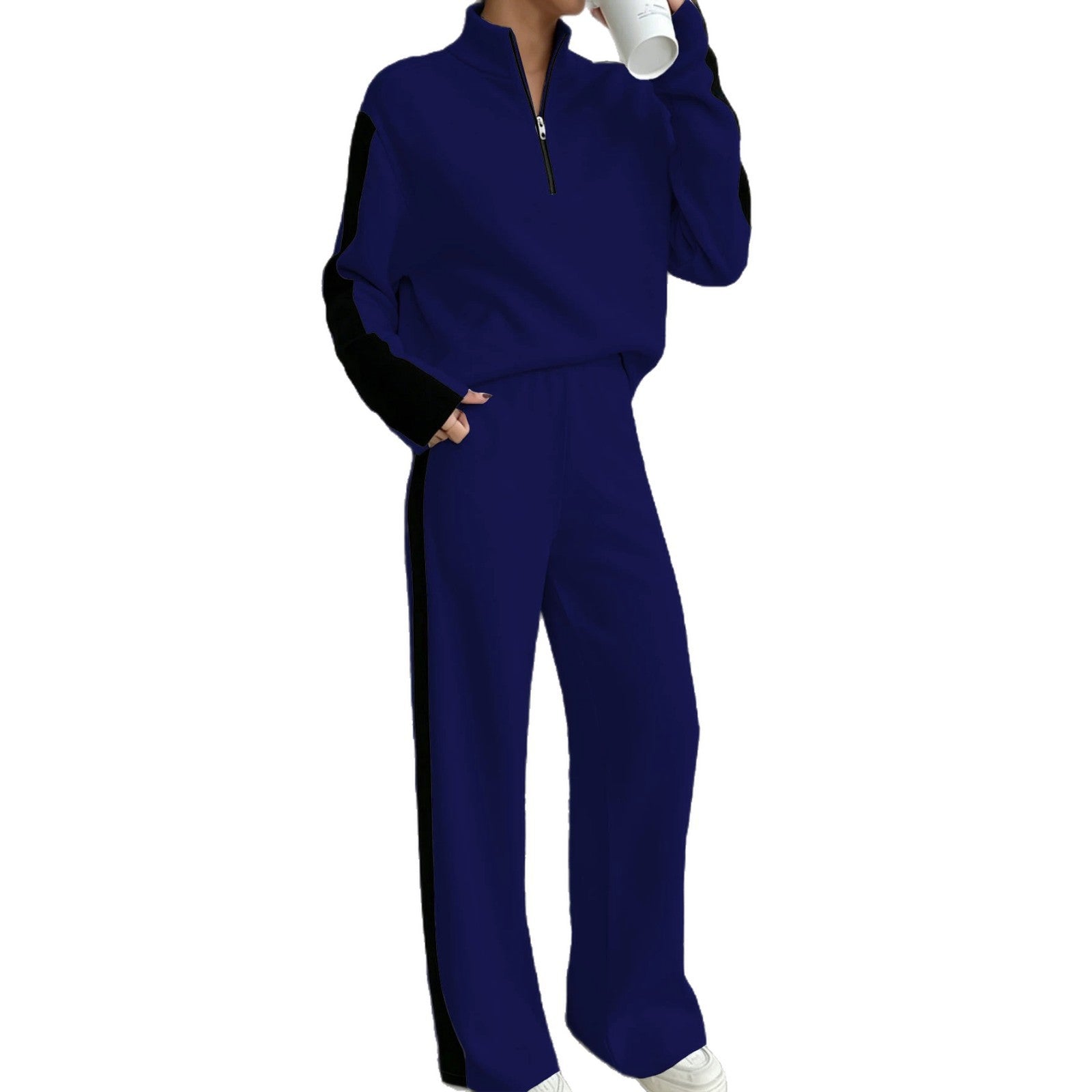 Ensemble de jogging décontracté pour femmes avec demi-zip, taille élastique et bandes contrastées sur les côtés Echo Archiv