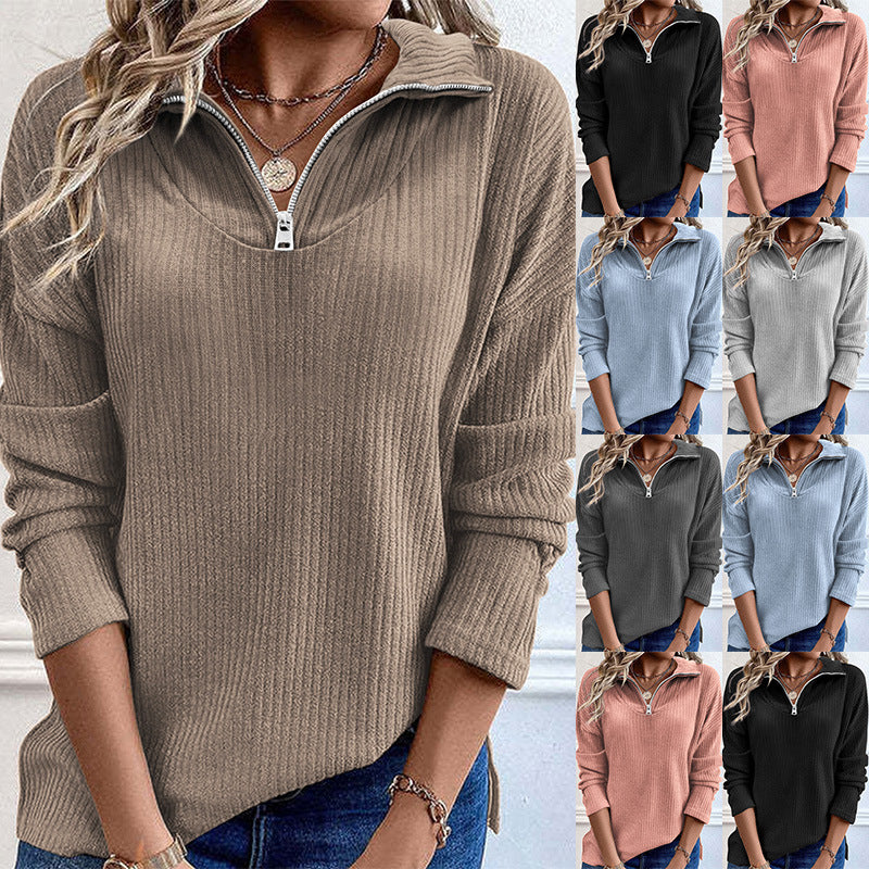 Pull en maille côtelée pour femmes avec demi-zip et col montant Echoarchiv
