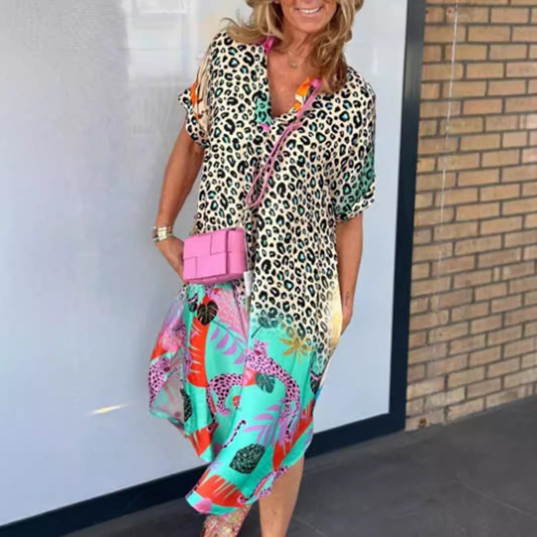 Robe midi à décolleté en V, ample, avec motif léopard et motifs tropicaux R&B