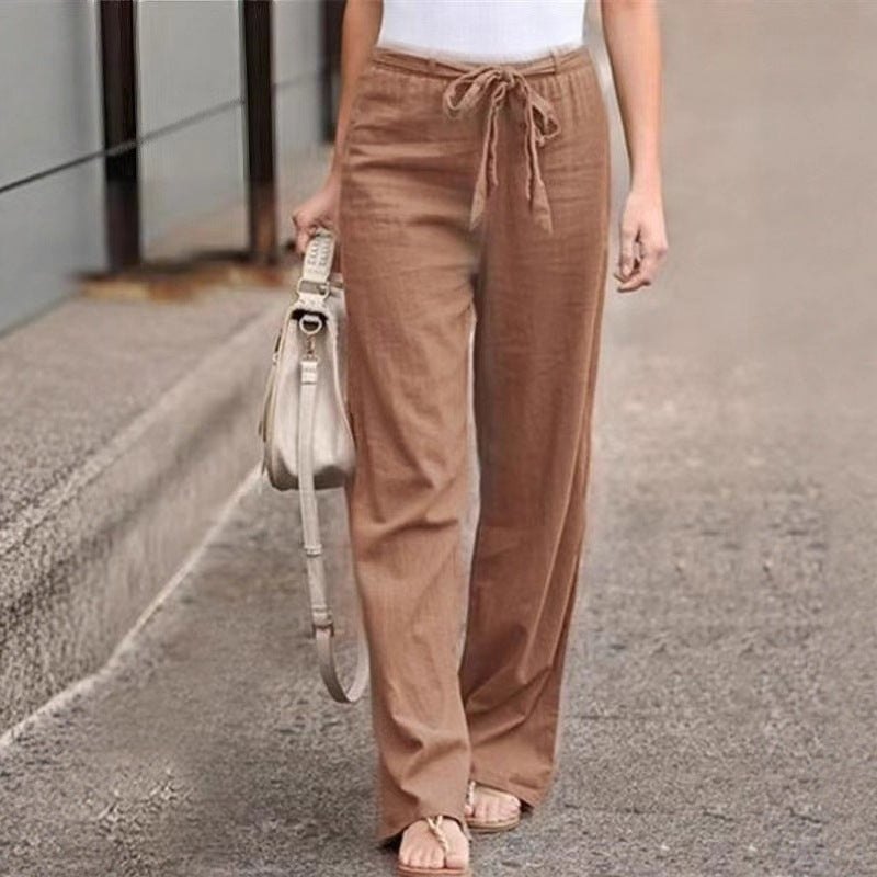 Pantalon large de lounge pour femmes avec taille élastique haute et cordon décoratif