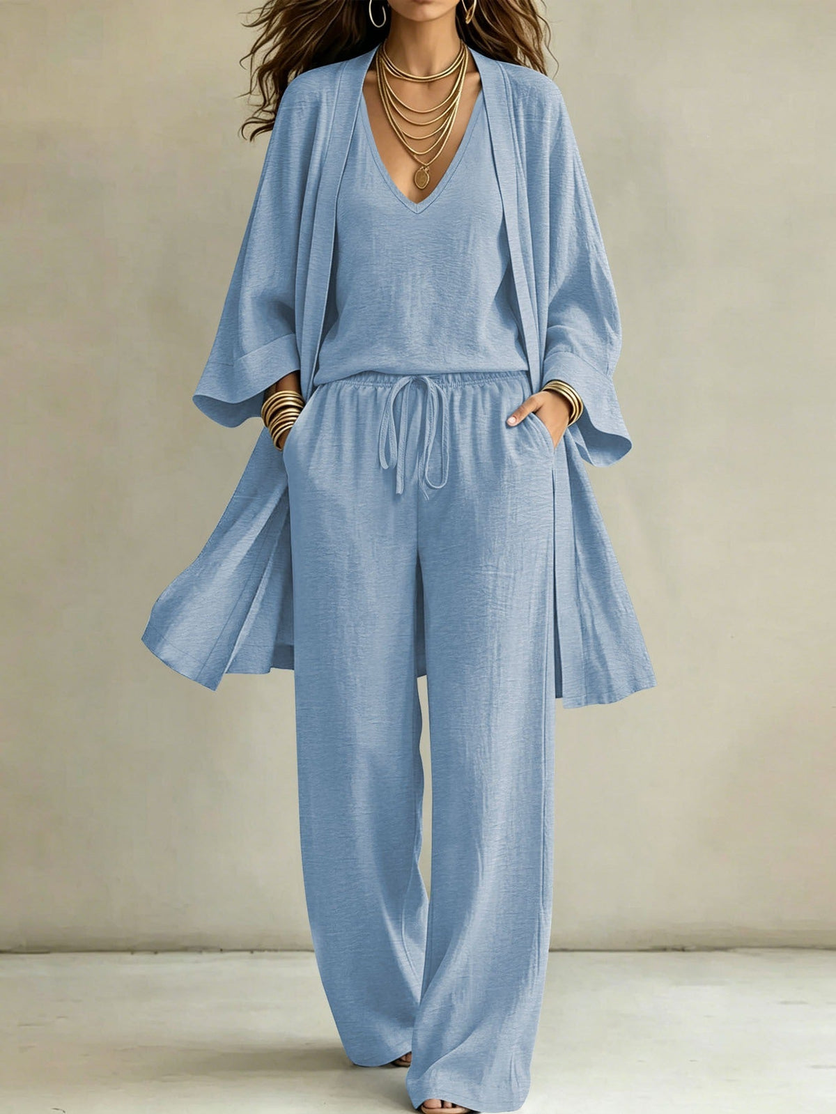Ensemble de détente décontracté pour femmes avec cardigan kimono, t-shirt à col en V et pantalon large Echoarchiv