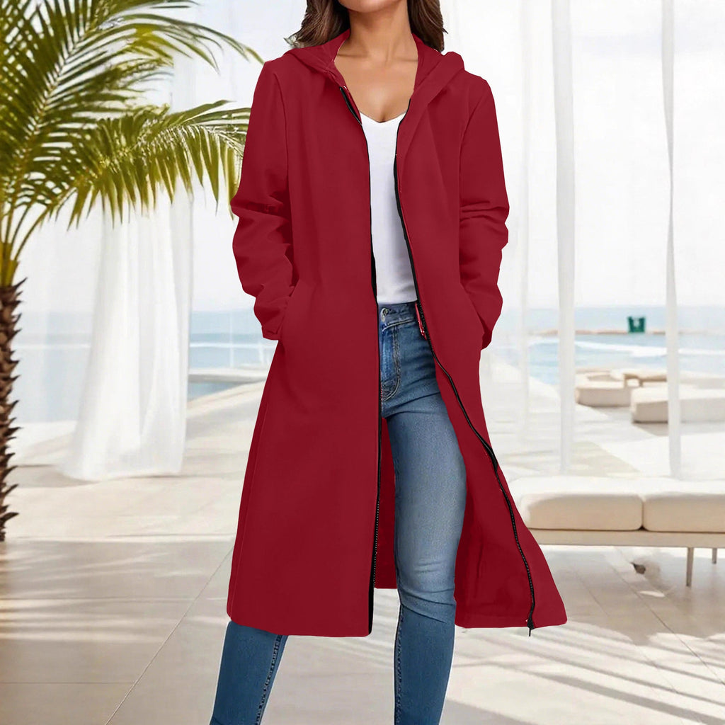 Manteau long à capuche pour femmes avec fermeture éclair intégrale et coupe A décontractée Echoarchiv